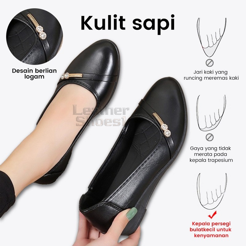 Sepatu Wedges Wanita Sepatu Kerja Flat Kasual Kulit Sapi Hitam Slip on Wanita Dewasa