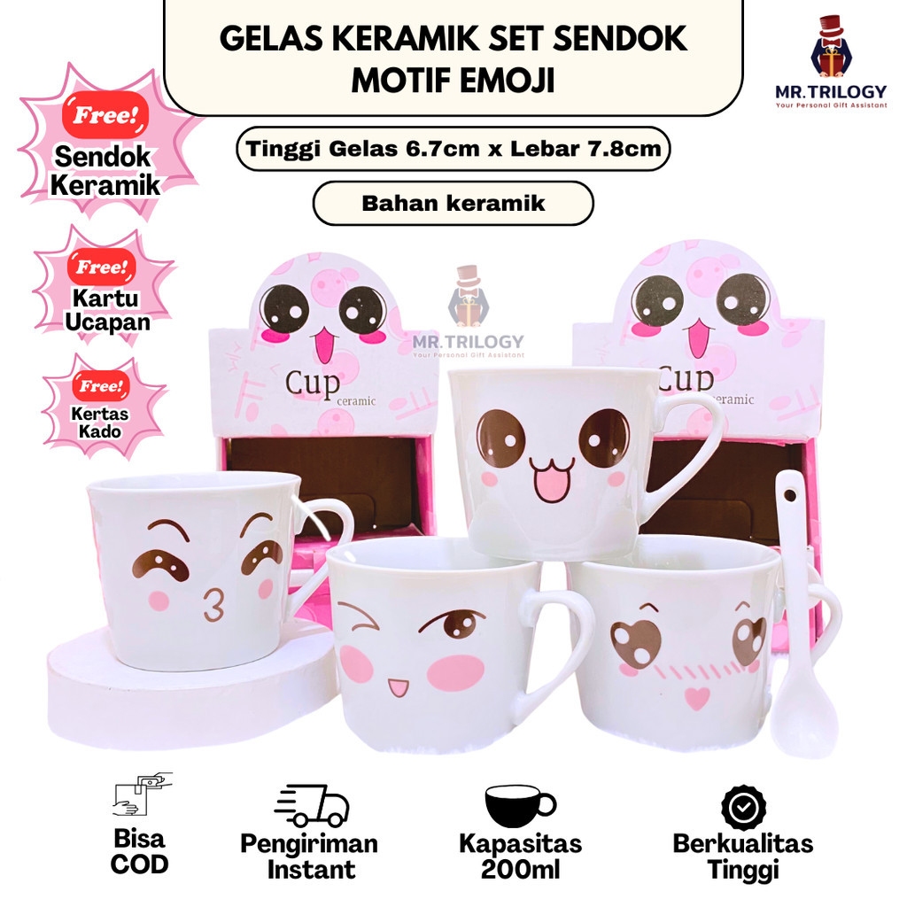 TERLARIS Hampers Wedding Gelas Cangkir Set Sendok EMOJI Gelas Aesthetic Tea Pot Mug Set Kado Pernika