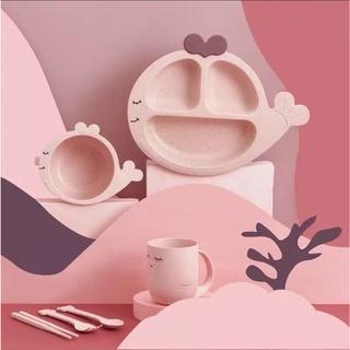 Piring Makan Anak Set Lengkap Mangkok dan Gelas Karakter Dino - Pink Whale, Set Piring 6in1