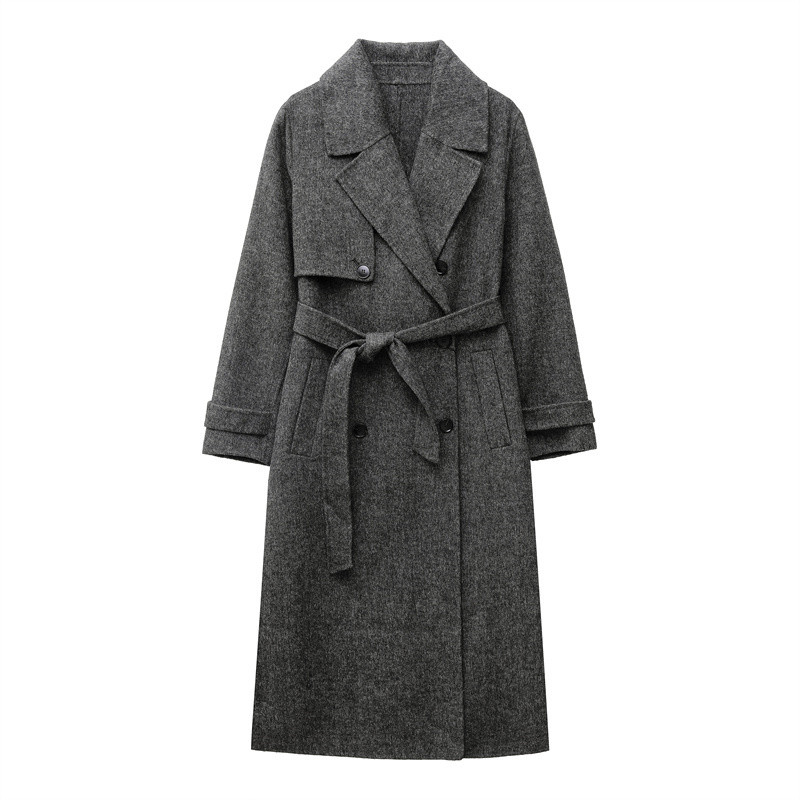 2025 new women's wool blend lapel with belt double breasted woolen coat coat women's trench coat