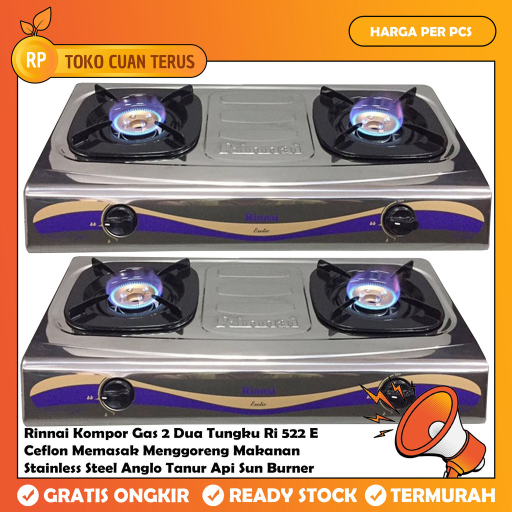 Rinnai Ri 522 E Kompor Gas 2 Dua Tungku Ceflon Memasak Menggoreng Makanan Stainless Steel Anglo Tanu
