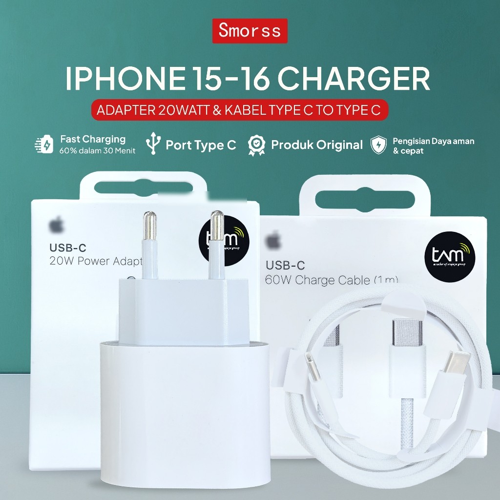 SMORSS - Adaptor IPhone15/16 20W 35W Fast Charging Original USB Type C Power Adaptor