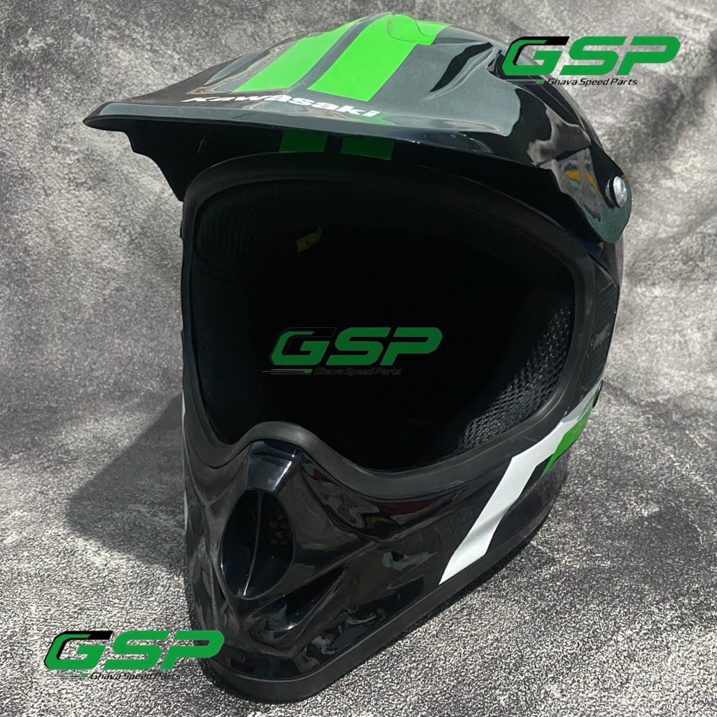 Helm Kawasaki KLX150 Full Face Croos Black Green Original