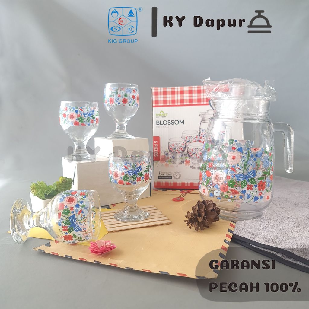 KIG  1 SET Drink Teko Cangkir Set Kaca Lucu Estetik BLOSSOM BIRU Pitcher Set Beling Jug Drink Set 4 