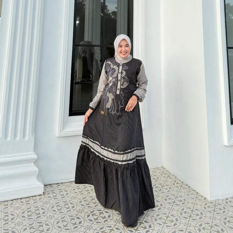 Gamis Amanda Syafina Bahan Bugatti Motif Salur Mix Jaguar Motif Bordir Bunga Mewah (Free Pouch, Good