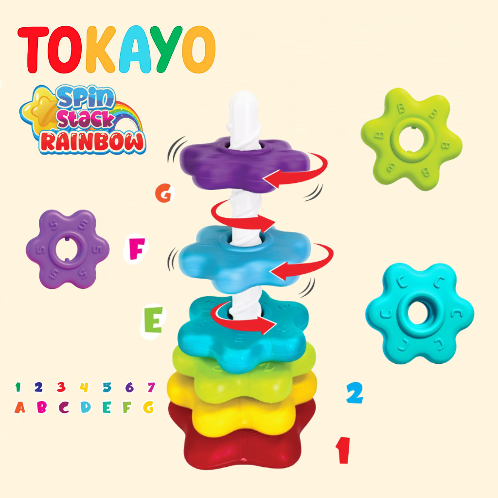 Tokayo Mainan Ring Donat Susun Jumbo Spin Stack Berputar Donat Bunga Motorik Sensorik Anak SNI