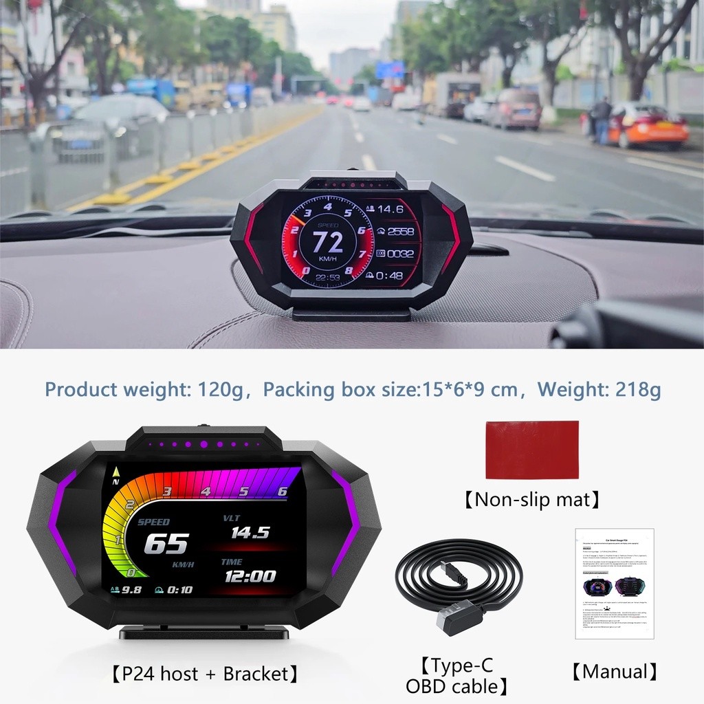 P24 GPS Mobil OBD OBD2 Meter Pemindai Digital Alarm Pengukur Kecepatan tampilan HUD Suhu air RPM tur