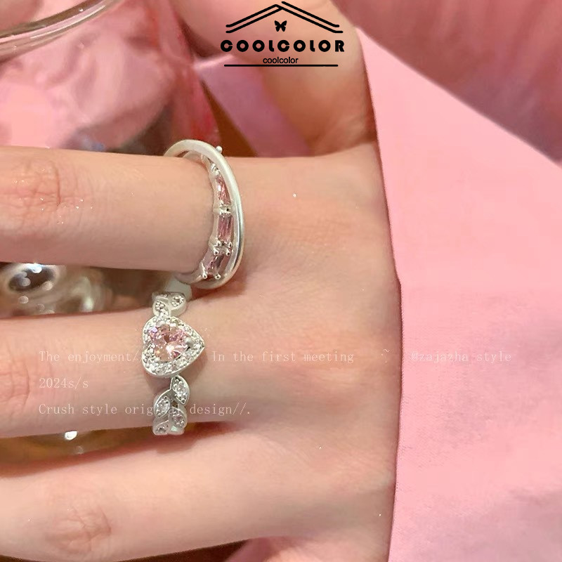 COD 2Pcs/Set Cincin Hati Wanita Korea Cincin Zirkon dan Bentuk Biji Gandum Cincin Jari Telunjuk Wani