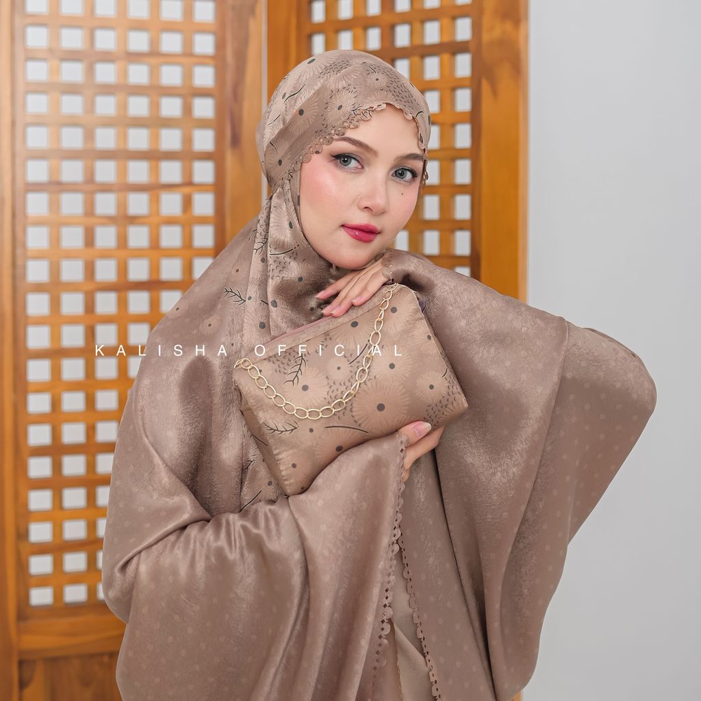 Kalisha - Mukena Dewasa Silk Motif Mukena Santorini  Mukena 2in1 Jumbo Mukena Satin Silky Lasercut