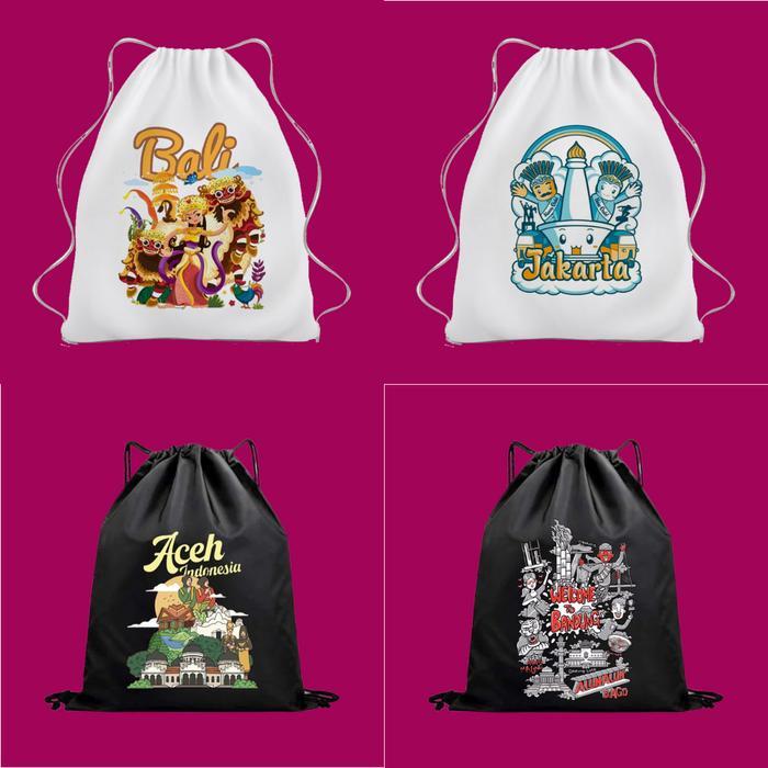Tas Serut Kanvas Goodie Bag Kota Indonesia Tas Ransel Sekolah Remaja - KOTA ACEH, SERUT PUTIH