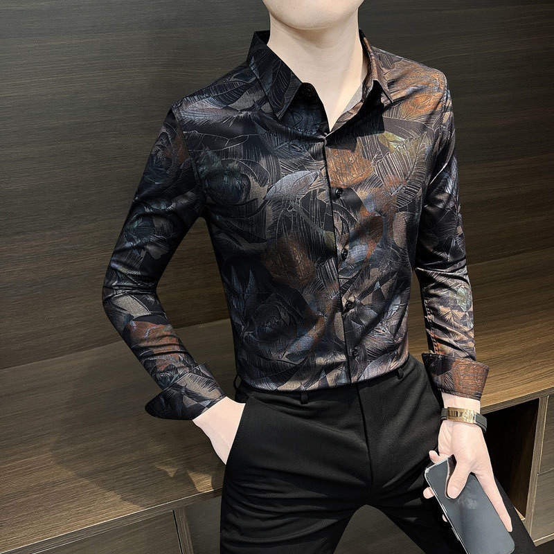 Kemeja Lengan Panjang Motif untuk Pria, Kemeja Kasual Kelas Atas Motif Bunga