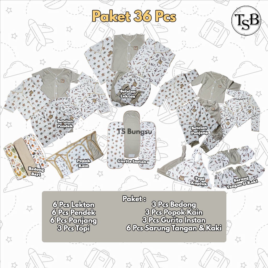 36 Pcs Paket Setelan Baju dan Celana Bayi Newborn usia 0-3 Bulan Seri Cream Lekton Pendek Panjang Be