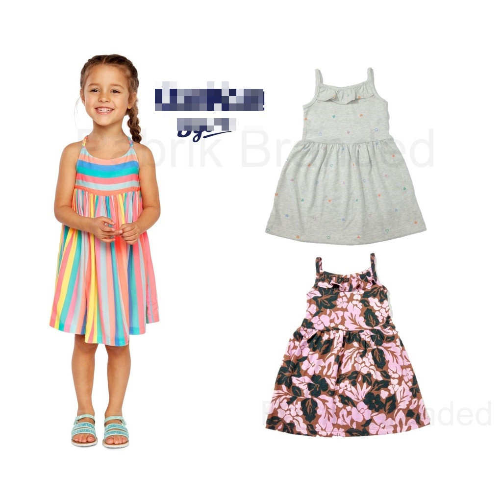 Pabrik branded 0shksh dress kids P1 2 3 years tahun abu coklat printed daun love katun tanpa lengan 