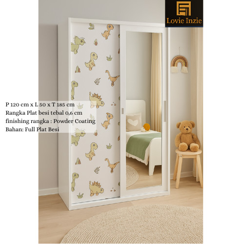 FREE PACKING KAYU Lemari Pakaian Sliding Ukuran 120cm | Lemari Pakaian Besi Minimalis | Lemari Baju 