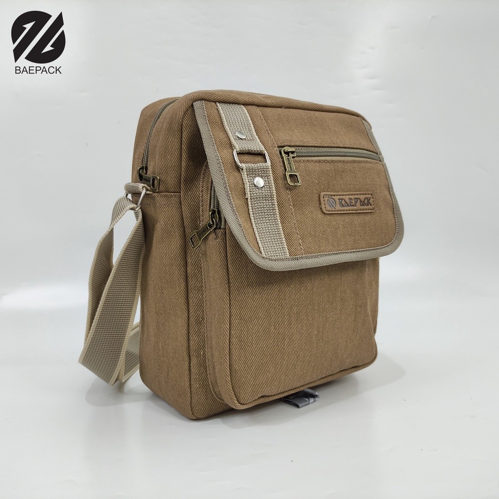 KINGSHOP Tas Selempang Kanvas Premium Hanzo Cokelat Muda Original Baepack / Tas Bahu Pria dan Wanita