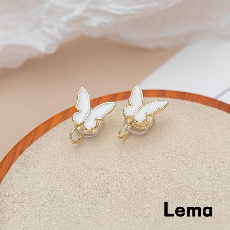 [Lema] Anting Klip Telinga Kupu-Kupu Putih Cat Minyak Logam Emas Sederhana Kecil Elegant Serbaguna X