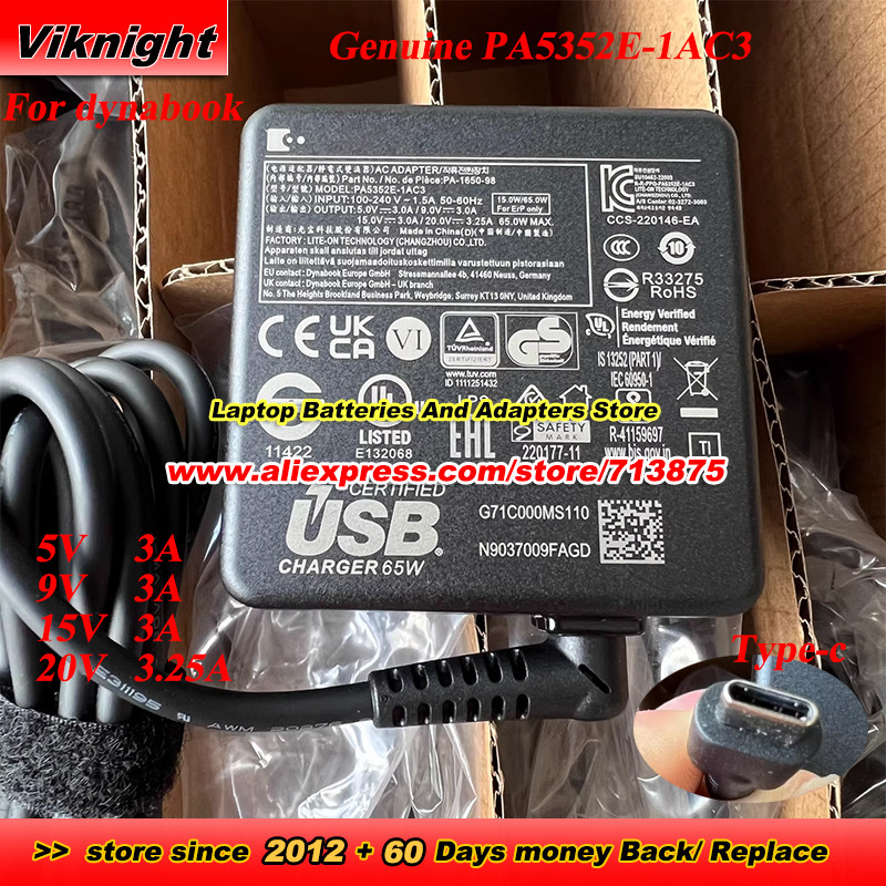 Genuine PA165098 PA5352E1AC3 AC Adapter 20V 325A 65W PA5352U1ACA for TOSHIBA Dynabook TECRA X50F X40