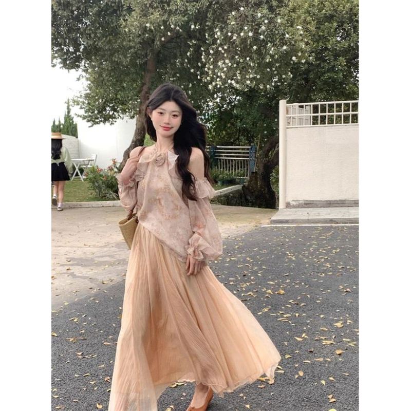 ChubChic COD Rok Midi Berpinggang Tinggi Berbahan Jaring Kuning Lembut Yang Mengalir, Rok Panjang