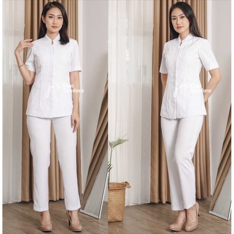 S2_PROMO_seragam perawat putih wanita / baju perawat wanita / stelan perawat wanita / baju kerja / s
