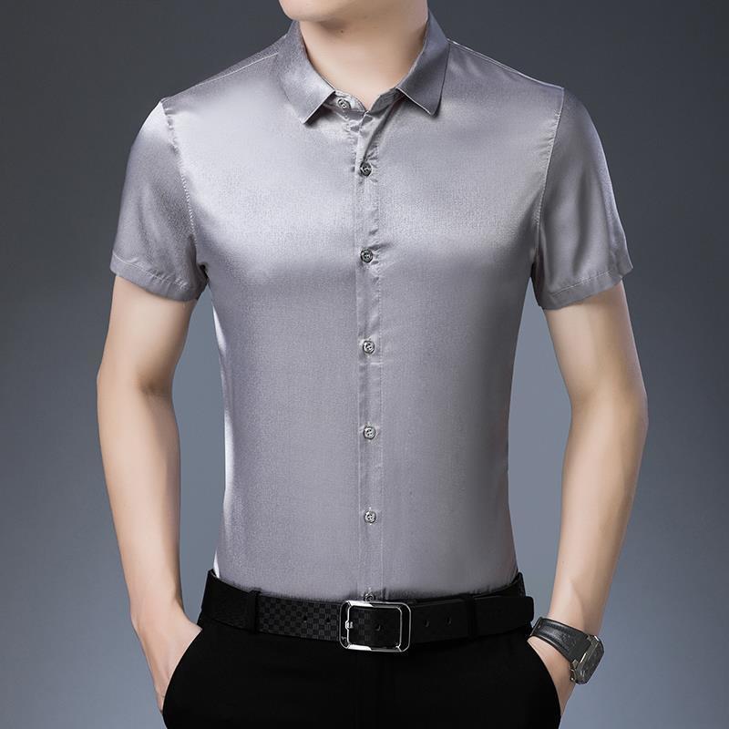 Men's short-sleeved ice silk satin mulberry silk satin shirt