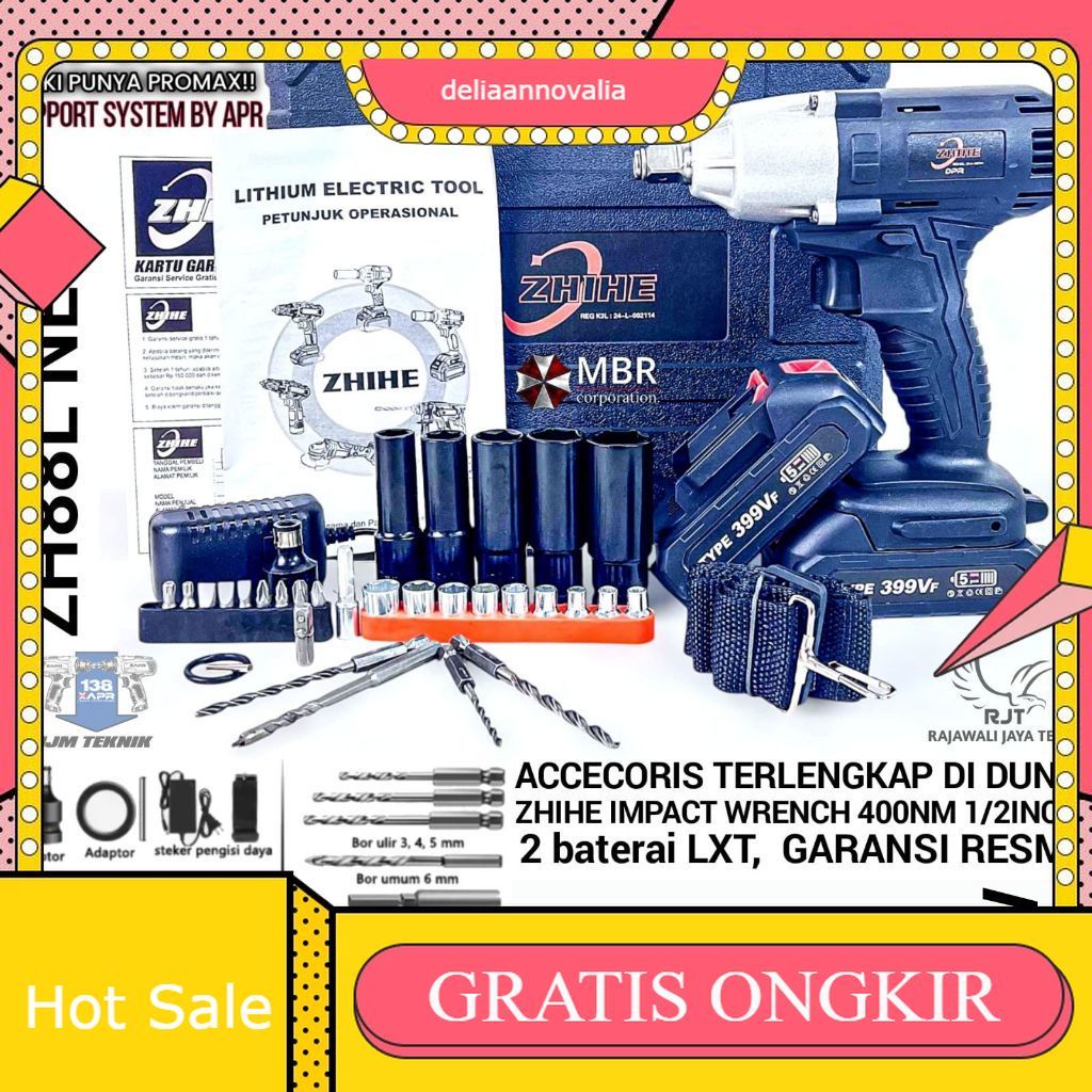 DISKON BOR IMPACT WRENCH 1/2 INCH 400NM 2 BATERAI FULLSET ACC  ZHIHE ZH88L NEW SUPPORT BY X