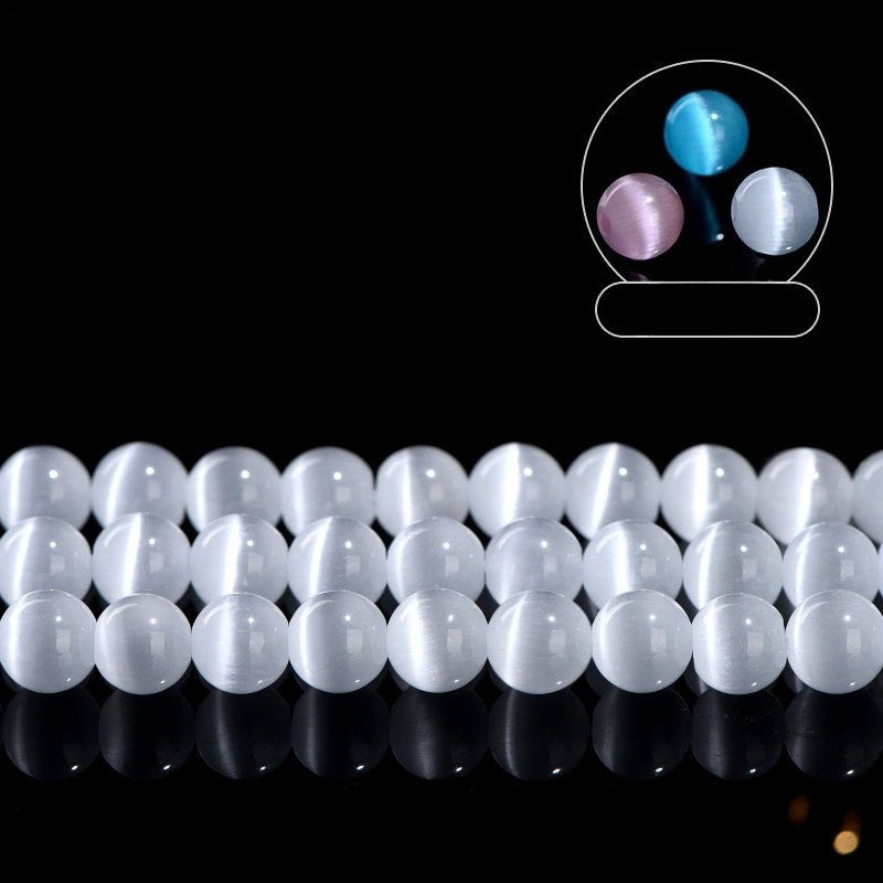 Manik-manik longgar mata kucing putih, aksesoris perhiasan manik-manik bulat opal putih mata kucing 