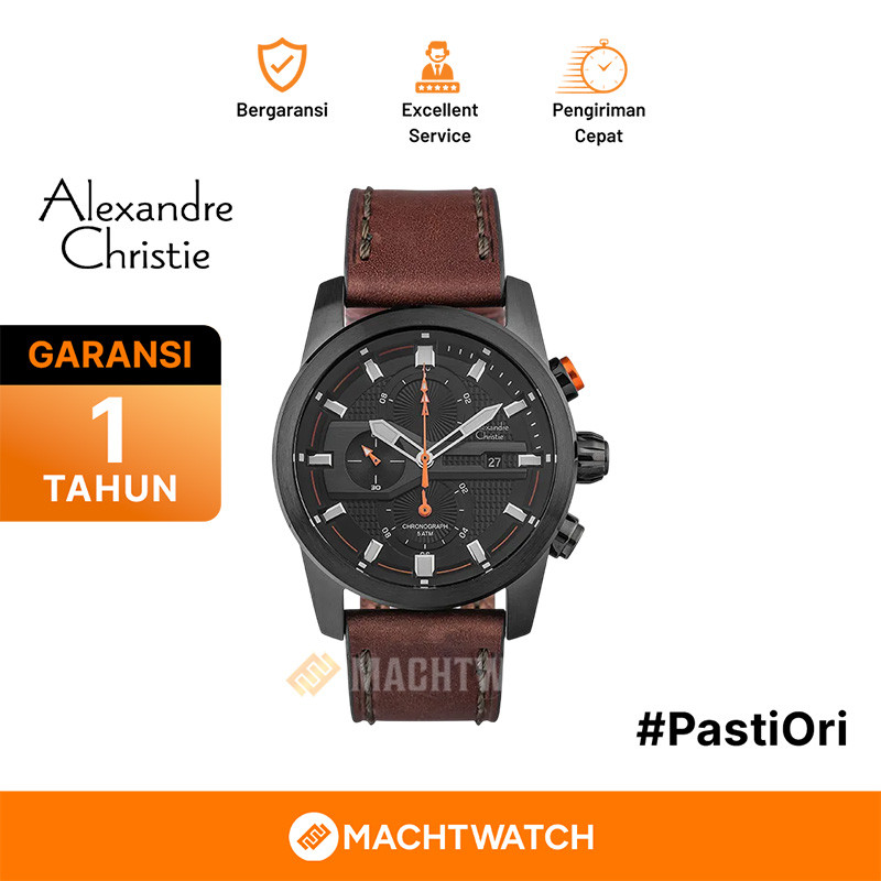 Jam Tangan Pria Alexandre Christie Chronograph AC 6562 MC LIPBAOR Men Black Dial Brown Leather Strap