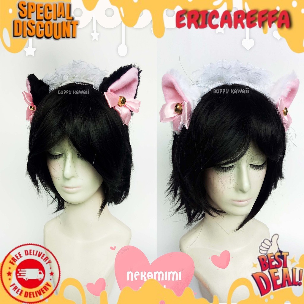 Bando neko maid renda pita lonceng cat ear lace bell buffy kawaii nekomimi fashion halloween cosplay