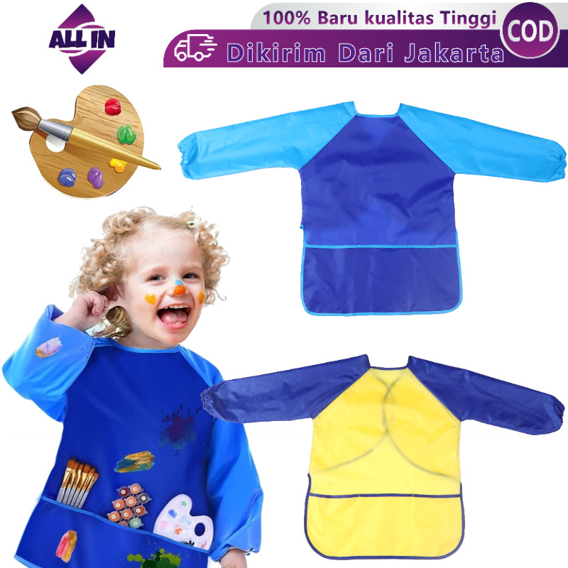 Apron Lukis Anak Lengan Panjang Celemek Melukis Waterproof Kids Apron Celemek Lukis Drawing