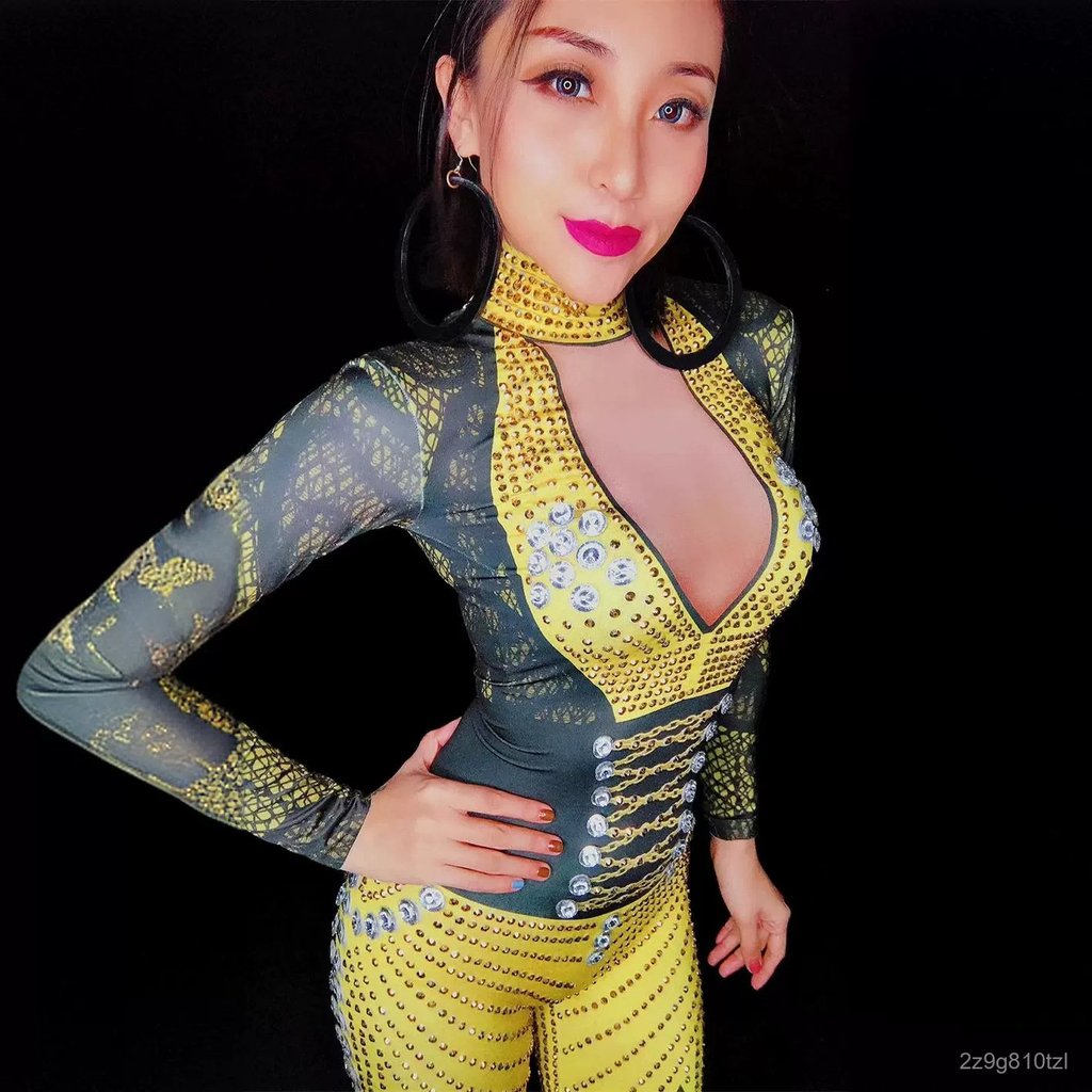 Party Gathering Performance Sexy Rhinestone Stretch Slimming Jumpsuit Stage Performance Costume Euro