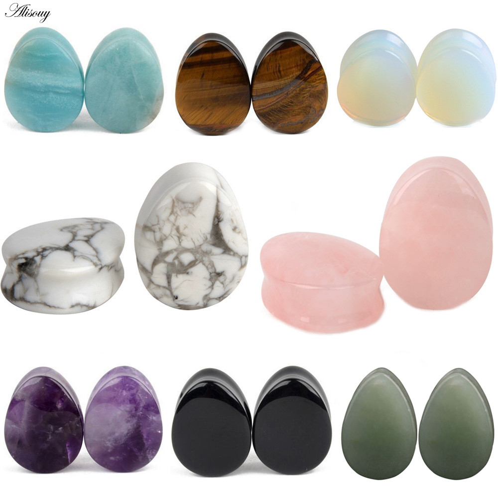 Alisouy 1 PC Natural Stone Teardrop Ear Plugs Tunnel Flesh Earrings Gauges Ear Expander Stretcher Fa