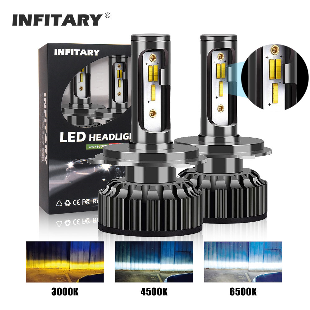 Infitary Car Headlight Bulbs H4 H7 Led 20000LM H1 H3 H11 H13 880 9005 9006 HB4 3 Color ange 3000K 45