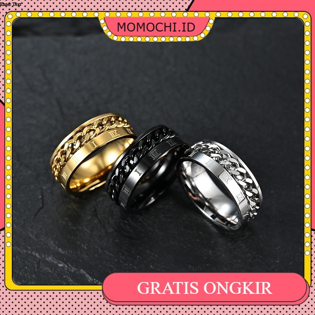 Cincin Galang Titanium Steel Anti Karat Rantai Rotating Chain Romawi Pria Unisex Keren Hitam Polos U