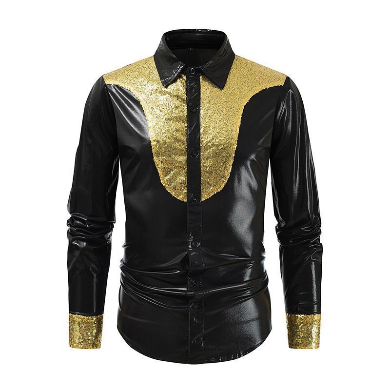 Men's Solid and Contrast Color Satin Long Sleeve Shirt