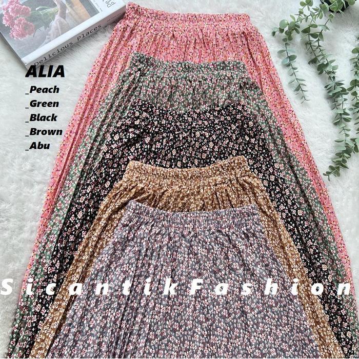 promo  -Rok Plisket nita / Plisket Premium Motif Bahan Karet Panjang - CREAM(FRESIA)