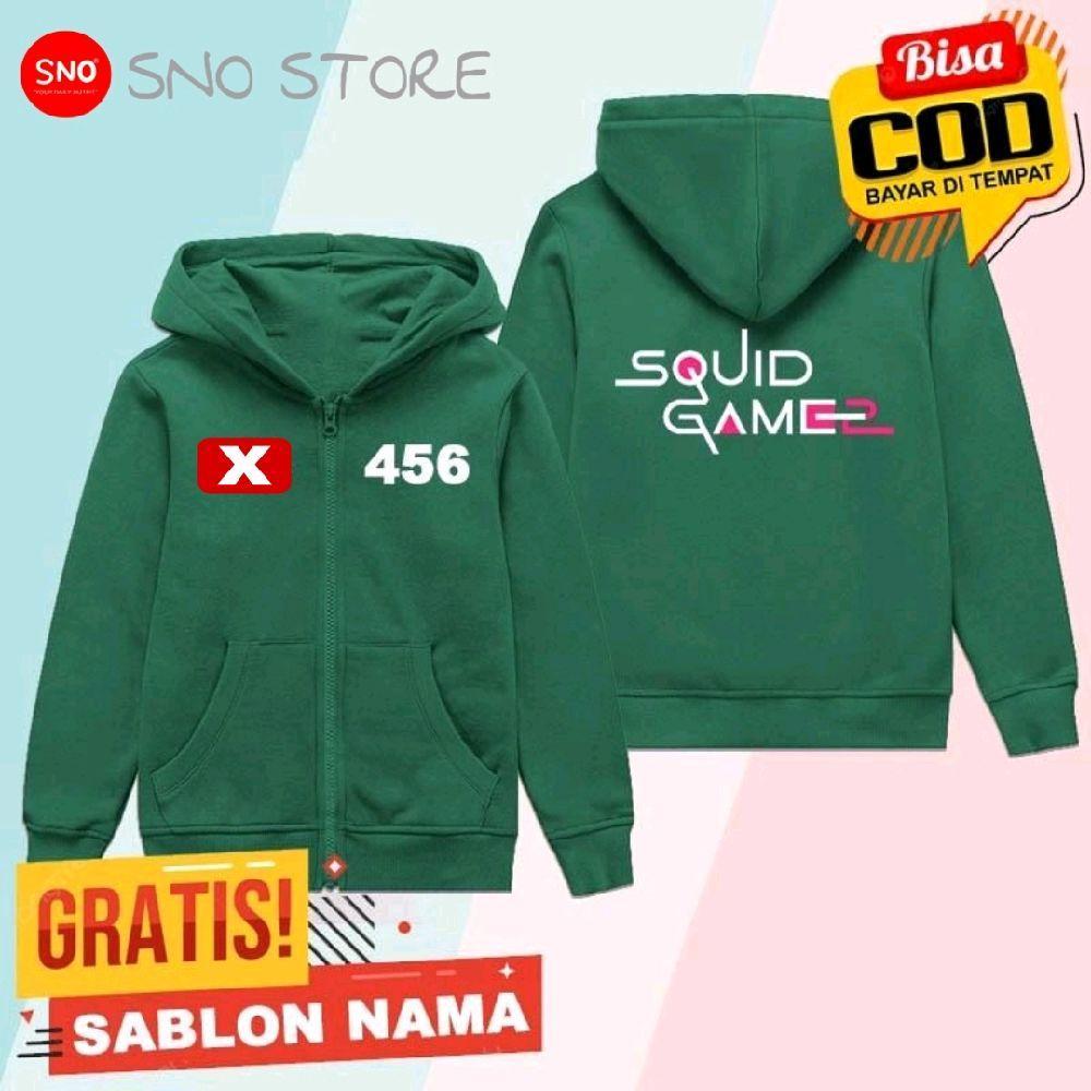 Jaket Hoodie Zipper Anak Squid Game | Sablon Nama Hoodie Squid Game 456 Hijau Hitam Putih Navy Merah