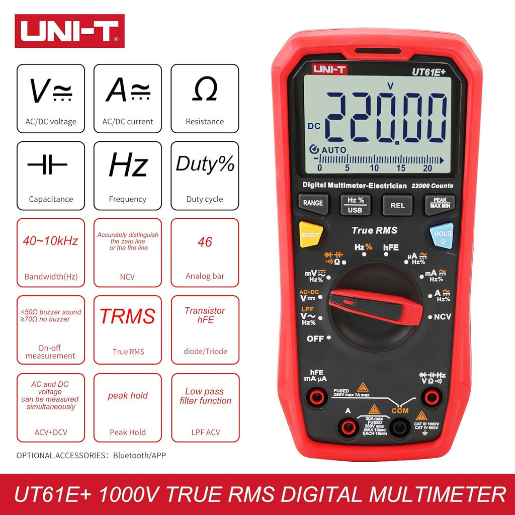 UNI-T UT61E+ Plus Digital Multimeter 22000 Counts True RMS 1000V 20A Tester Auto Range NCV USB Kapas