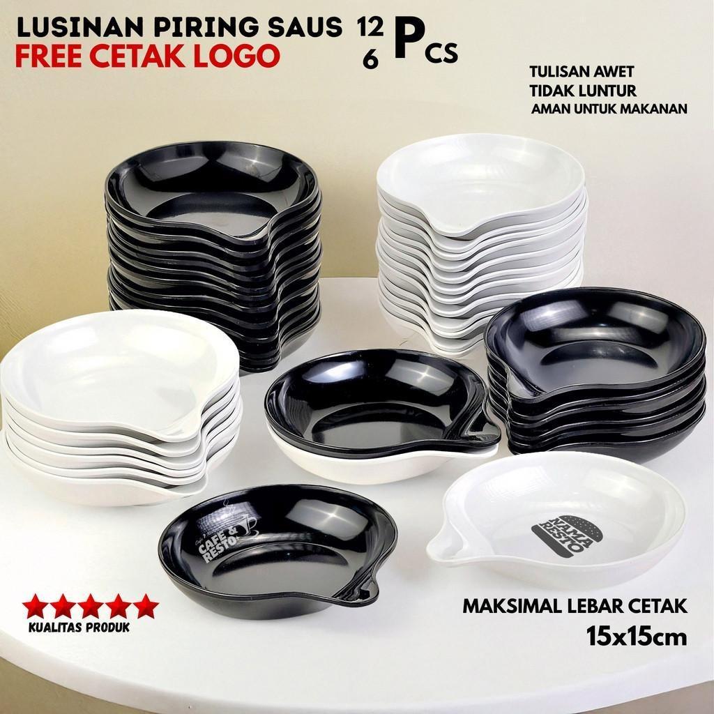 Lepek Sambal Melamin + FREE CETAK LOGO Lusin 6/12 Pcs | Piring Saus Hitam Putih Cafe Resto & Hotel