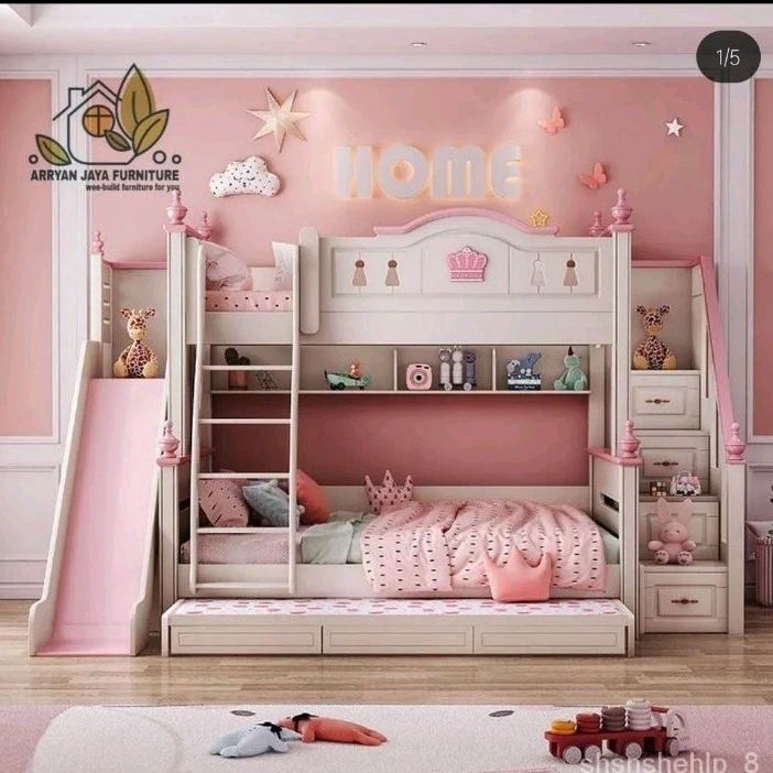 tempat tidur tingkat anak perempuan extra lemari / ranjang susun / kasur tingkat