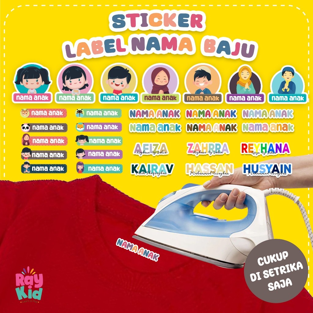 Stiker label nama baju disetrika custom desain waterproof