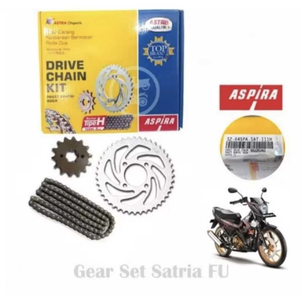 ASPIRA GEAR SET SATRIA FU 150 BARONG 2009-2013, DEPAN 14T, BELAKANG 43T, RANTAI 428-120 TYPE H. SAT 