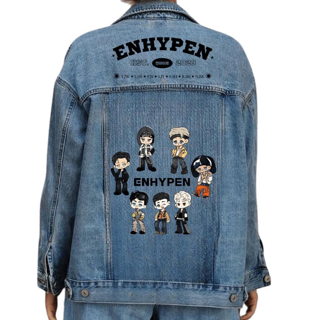 ( BISA CUSTOM ) JAKET  enhypen chibi JEANS JAKET engene BAHAN JEANS WASH TEBAL DUA WARNA jaket jeans