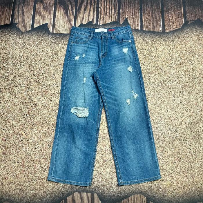 celana baggy jeans panjang FRJ JEANS WIDE blue denim riveted sobek sobek stretch bahan melar murah b