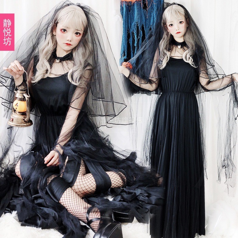 Halloween Costume Adult Female Zombie Ghost Bride Long Dress Black and White Vampire Demon Angel Wit