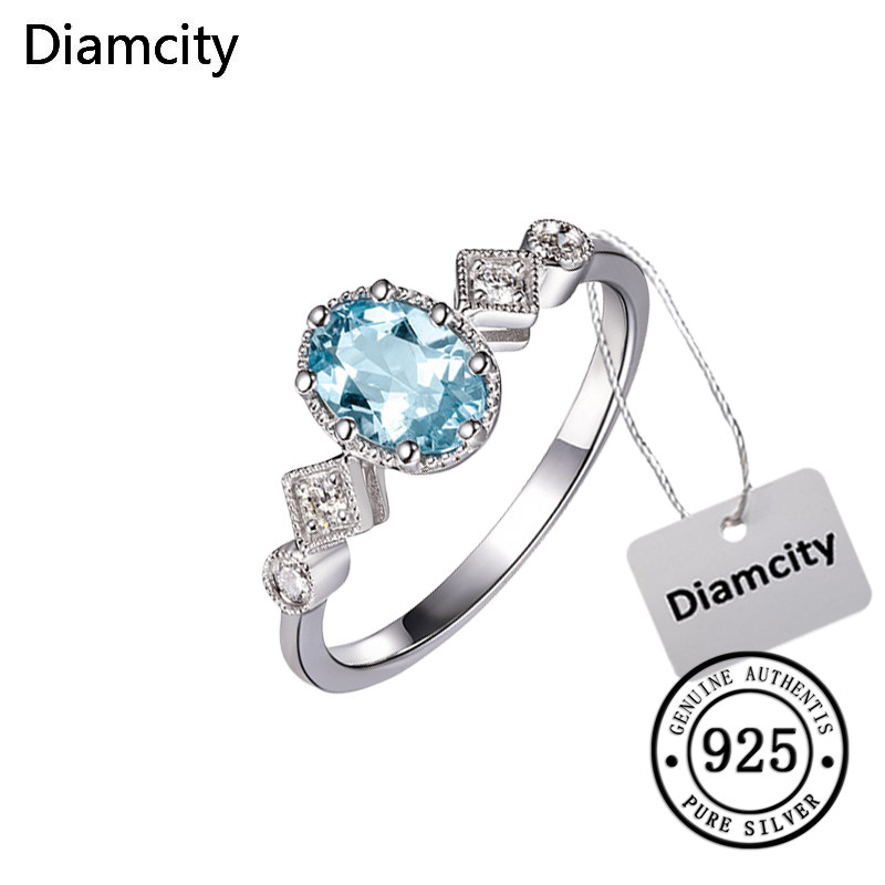 Diamcity Cincin Terbuka Topaz Biru Laut yang Sederhana dan Elegan