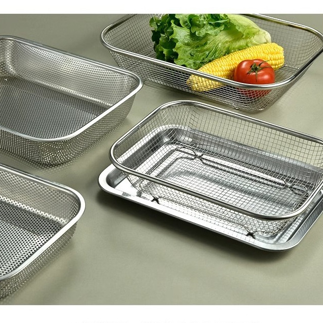 keranjang alas stainless lubang jaring dengan tatakan rak piring saringan cuci nampan gorengan serba