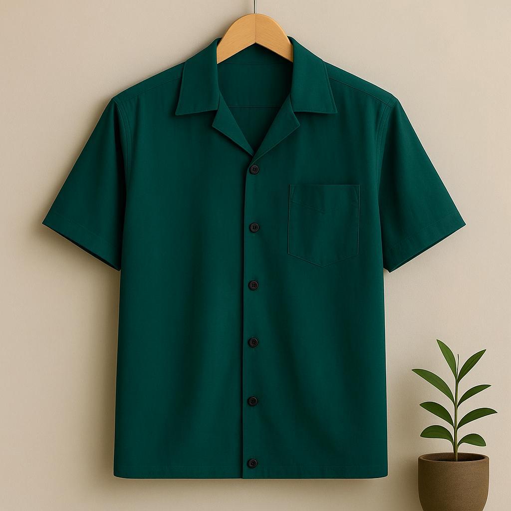 Kemeja Hawai Vintage Polos Lengan Pendek Pria Wanita Hem Cowok V-neck Hijau Emerald Katun Premium Bo