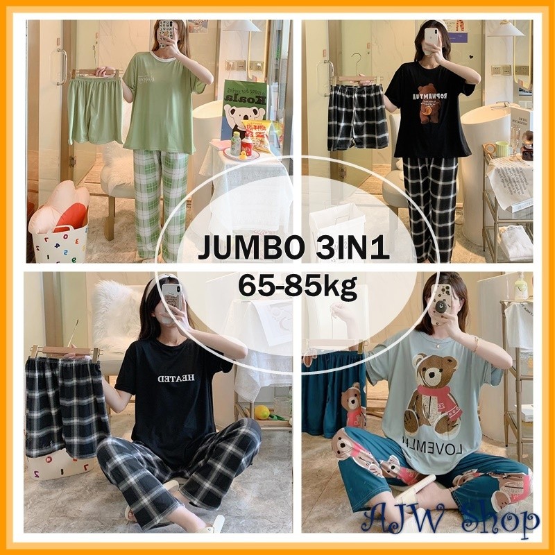 AJW [JUMBO SAMPAI BB 85Kg] Piyama 3in1 JUMBO Wanita Import | Baju Tidur Set 3in1 Jumbo | Piyama JUMB