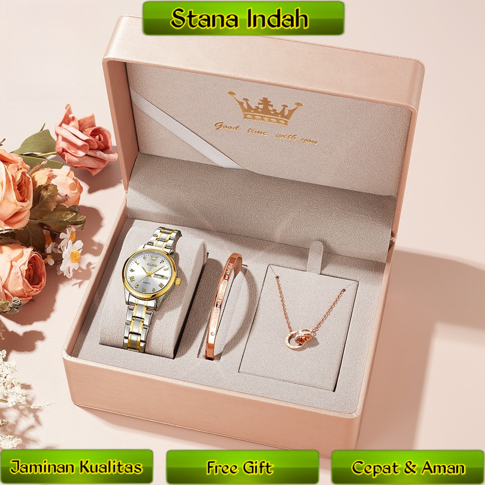 OLEVS Jam Tangan Wanita Anti Air Original Anti Karat Set Kalung Gelang Bercahaya Kalender Watch 5563