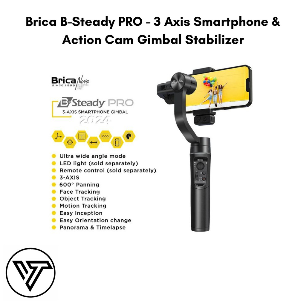 Brica B-Steady PRO - 3 Axis Smartphone & Action Cam Gimbal Stabilizer - Bonus Kaos + Tripod Mini + A